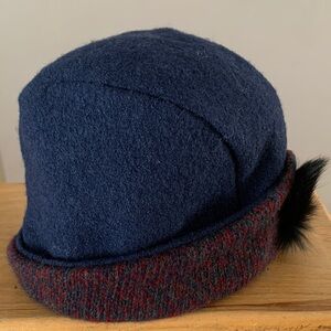 Elegant Navy Wool Blend Hat with Black Fur Trim